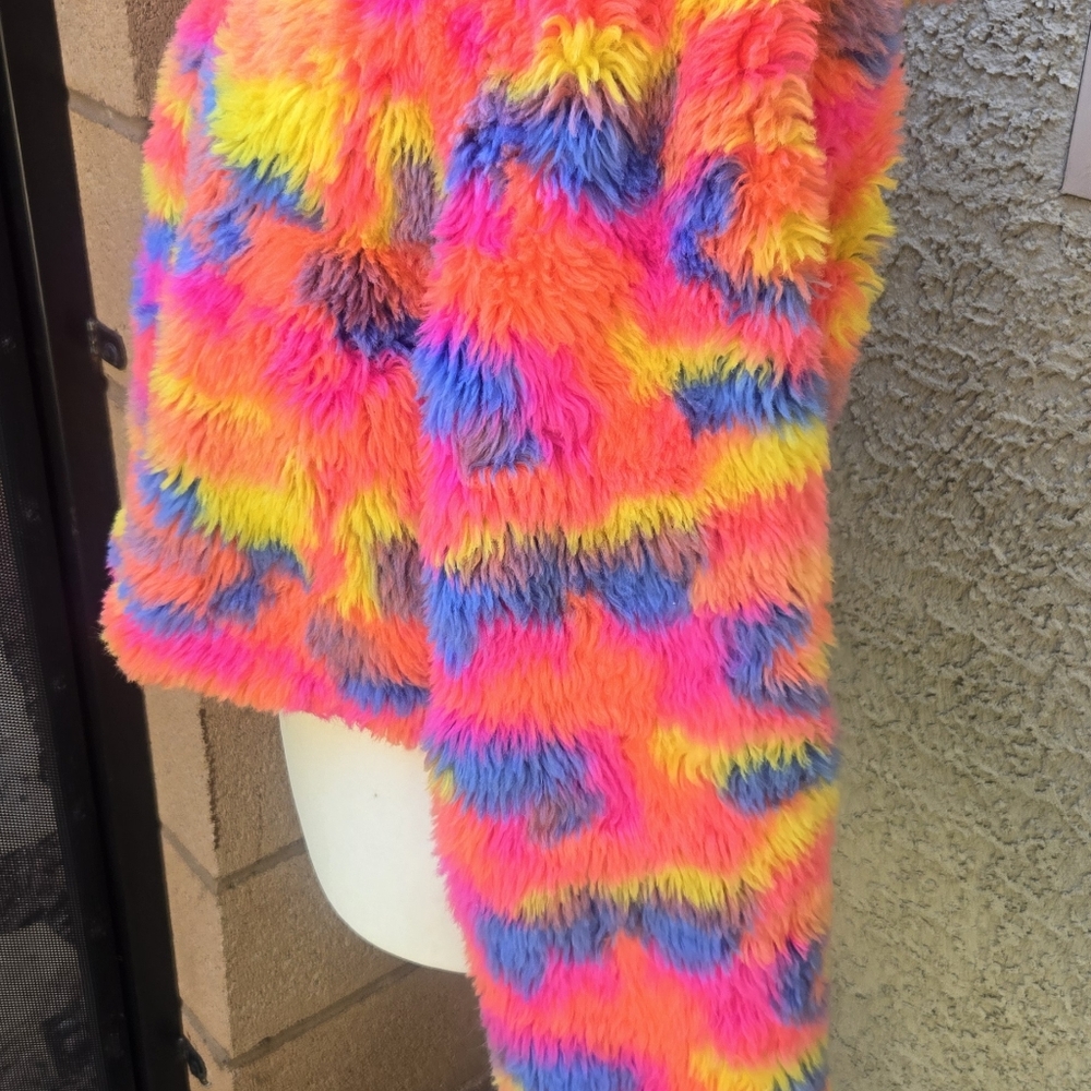 Hot & Delicious Vibrant Multicolor Faux Fur Zip Jacket - Neon Rainbow - Picture 5 of 9